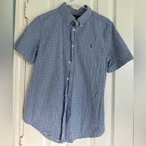 Ralph Lauren Shirt Boys XL Blue Gingham Seersucker Short Sleeve Pony Logo